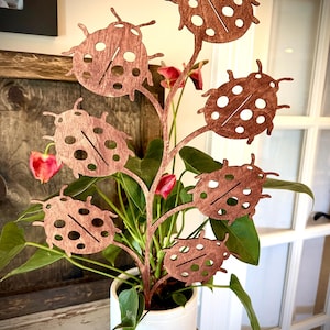 Puede incluir: Una estaca de planta de madera con recortes de mariquitas. Las mariquitas son marrones con puntos blancos y están unidas a un tallo de madera. La estaca se coloca en una maceta de cerámica blanca con hojas verdes y flores rojas.