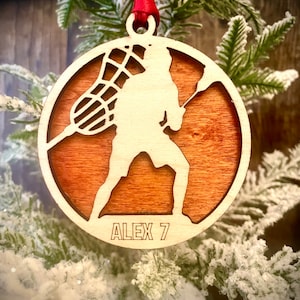 Lacrosse player 2-layer personalized laser cut wood Christmas ornament, gift tag available unfinished or stained (version 4 of 16)