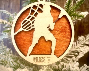 Lacrosse player 2-layer personalized laser cut wood Christmas ornament, gift tag available unfinished or stained (version 4 of 16)