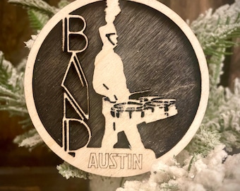 Marching band tenor drums quads player 2-layer personalized laser cut wood Christmas ornament, gift tag available unfinished or stained