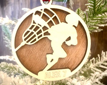 Lacrosse player 2-layer personalized laser cut wood Christmas ornament, gift tag available unfinished or stained (version 12 of 16)