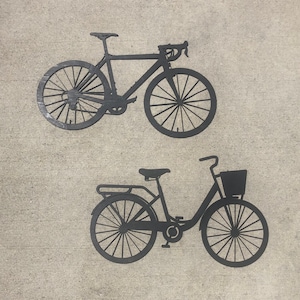 Set of 2 intricate cut wood bicycles men&#39;s and women&#39;s bikes available in 12 finishes, decor wall art original