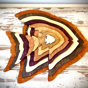 Stacked Tropical Fish wood 3D table art / wall art, multi-color.