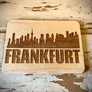 Magnet - Frankfurt Skyline cityscape. 3.5&quot; X 2.5&quot; wood magnet.  Great souvenir or memento from your favorite city.