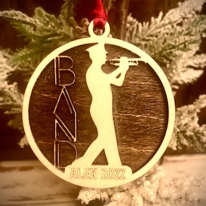 Marching band trumpet player 2-layer personalized laser cut wood Christmas ornament, gift tag available unfinished or stained ver. 16 of 18