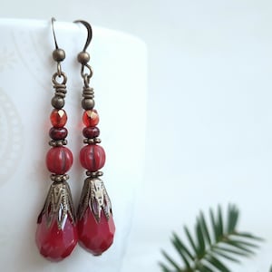 Glass bead earrings, red, drop, long, antique bronze, with Bohemian glass beads, vintage look