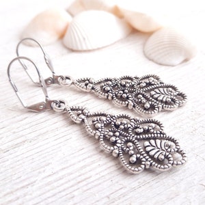 Ornament earrings Orient, antique silver, filigree & floral, vintage look, sterling silver plated