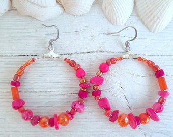 Boho Creolen, orange, pink, silber, mit Muscheln & Glasperlen, Ohrhaken Edelstahl hypoallergen