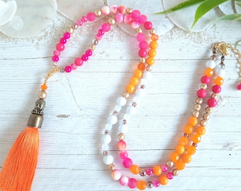 Collana lunga di perle Boho, arancione, rosa, oro, collana mala, perle di vetro, giada, con pendente intercambiabile, fiore della vita o nappa arancione