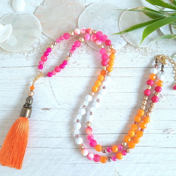 Lange Boho Perlenkette, orange, pink, gold, Malakette, Glasperlen, Jade, mit Wechselanhänger, Blume des Lebens oder Quaste Orange