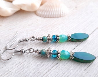 Glass bead earrings long, petrol, turquoise, aqua, silver, boho, Bohemian glass beads, stainless steel ear hooks