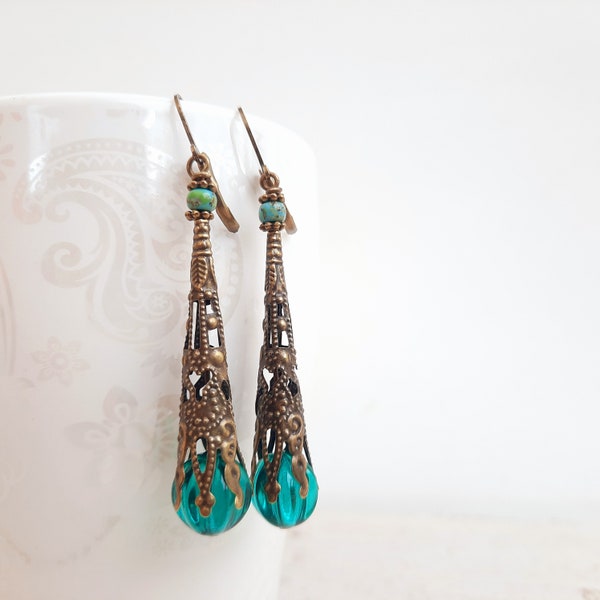 Vintage earrings, petrol, teal, bronze, Art Deco, Victorian, glass beads, antique look, light as a feather