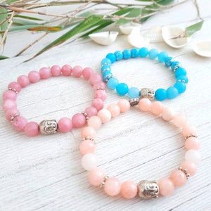 Gemstone bracelet with Buddha, jade, turquoise, pink, salmon, silver, energy bracelet
