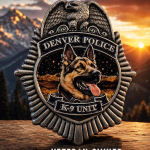 May include: A silver-toned metal badge featuring an eagle at the top, the text DENVER POLICE, a central illustration of a German Shepherd dog, and the text K-9 UNIT at the bottom. The badge is displayed against a mountain sunset background.