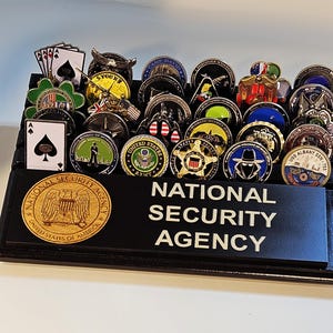9&quot;x13&quot; US National Security Agency desktop/shelftop challenge coin display with wooden inlay emblem holds approximately 30coins