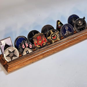 3"x13" solid Oak desktop/shelftop challenge coin display holds approximately 12 coins