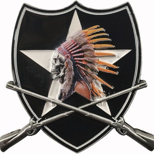 May include: A black and white shield with a silver border and a white star in the center. A skull wearing a Native American headdress is in front of the star. Two crossed rifles are in front of the shield.
