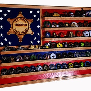 Illinois State Trooper State Police Challenge Coin Display Flag 70+ Coins TRAD