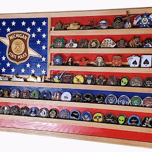 Michigan State Trooper / Police Challenge Coin Display Flag 70 Coins
