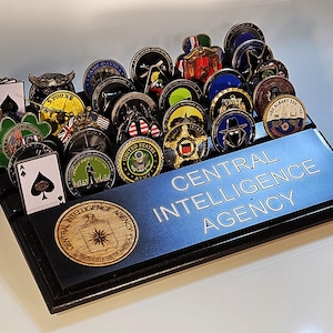 9&quot;x13&quot; US Central Intelligence Agency CIA desktop/shelftop challenge coin display with wooden inlay emblem holds approximately 30coins