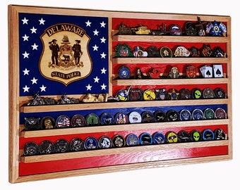 Delaware State Trooper State Police Challenge Coin Display Flag 70+ Coins TRAD