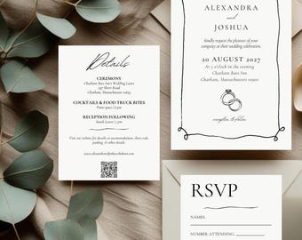 Elegante minimalistische Hochzeitseinladung in Schwarz + Weiß, vollständig editierbare DIY Canva-Vorlage, druckbare Hochzeitspapeterie, Einladungsset