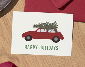 Red Car Christmas Tree Greeting Card, Happy Holidays Griswold Christmas Tree Red Car Card