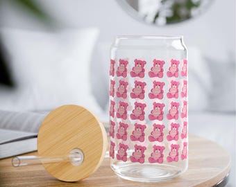Valentine's Day Teddy Bear Sipper Glass, 16oz - Quirky Pink Teddy Cup for Drinking, Galentines Day, Valentine's Day Glass, Girls Night Cup