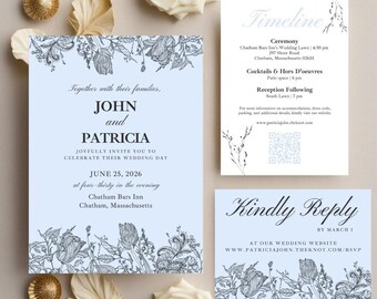 Coastal Botanische Hochzeitseinladungs-Vorlage, Elegant, Script, Antwortkarten, Details, Timeline, Menü, Signature Drink, bearbeitbar in Canva