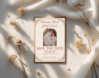Vintage Red Save The Date Custom Template, Elegant, Script, Hochzeitseinladung, Foto Save The Date, bearbeitbar in Canva