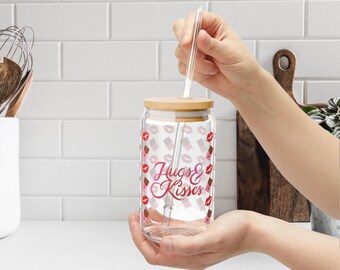 Hugs and Kisses Valentines Day Drinkware, Romantic Gift, Galentines Day Tumbler, Celebratory Beverage Cup, Love 16oz Glass, Girls Night