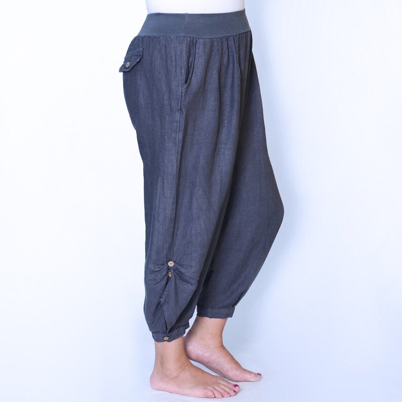 Womens Ladies Plus Size Linen Trousers Rusched with Button Etsy