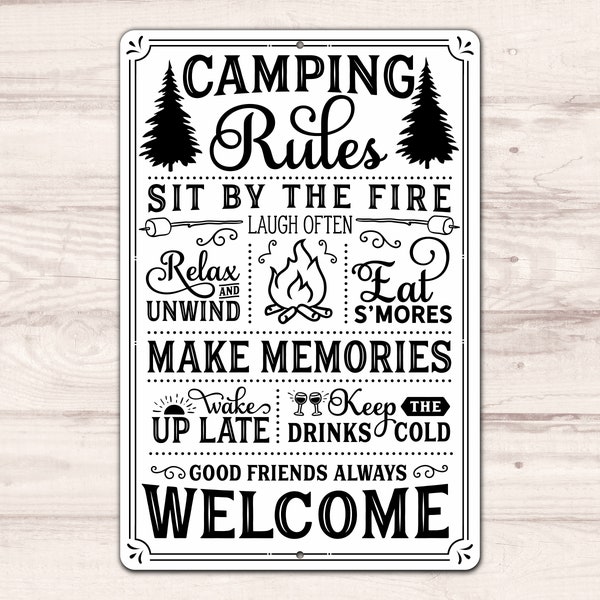 Camping Rules Metal Sign - 12"x18" (dyed image won't fade or scratch - UV protected)