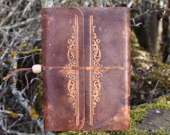 Hand-engraved and hand-dyed leather notebook. Handcrafted notebook.