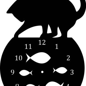 Può includere: Silhouette nera di un gatto seduto su un quadrante di un orologio con indicatori delle ore a forma di pesce. I numeri da 1 a 12 sono visualizzati attorno al quadrante dell'orologio.