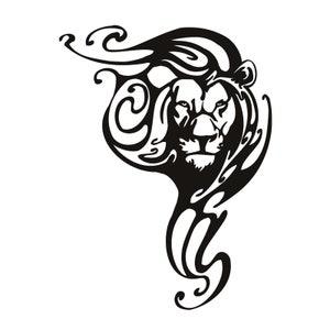 May include: A black and white graphic depicting a lion's head with an ornate mane. The design incorporates swirling, decorative patterns around the lion's face, creating a striking image. The lion's face is rendered with detailed features.