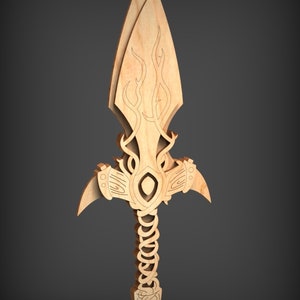 May include: A wooden sword with intricate carvings and a flame-like design. The sword has a pointed tip and a twisted handle.