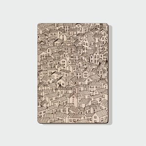 Può includere: Un'illustrazione in bianco e nero di uno skyline di città con molti edifici. Gli edifici sono disegnati in uno stile semplice con linee e forme.