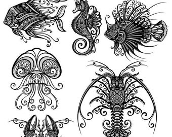 May include: Black and white illustrations of various sea creatures, including a crab, fish, seahorse, jellyfish, lobster, and shrimp. Each creature is intricately detailed with swirling patterns and designs, creating a decorative and artistic aesthetic.