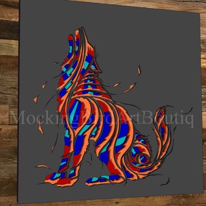 May include: A colorful, stylized illustration of a wolf howling, with a geometric pattern in shades of orange, blue, and turquoise against a gray background.