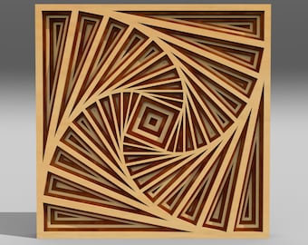 May include: A square wooden wall decoration featuring a geometric design of overlapping squares in shades of brown. The design creates a swirling, optical illusion effect.