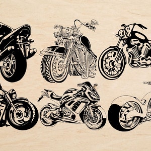May include: A set of six black and white motorcycle illustrations. The motorcycles are all different styles, including a cruiser, a sportbike, and a chopper. The illustrations are detailed and realistic.