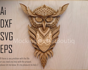 Puede incluir: Un diseño de búho detallado e intrincado cortado en madera. El búho está en estilo mandala con patrones geométricos. La imagen incluye el texto "Ai, DXF, SVG, EPS".