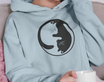 Sudadera con capucha de gato, diseño de gato Yin Yang, para mujer, para hombre, de manga larga, regalo para mamá gata, sudadera con capucha de gato zen, arte felino