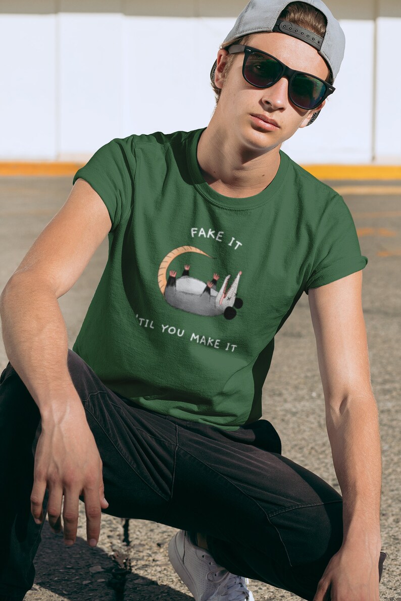 Fake it til you make it mens possum t shirt, opossum t shirt for men, funny possum tee