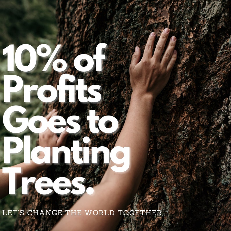 May include: Image of a tree trunk with hands touching the bark. The text reads "10% of Profits Goes to Planting Trees." Below the text is the phrase "LET'S CHANGE THE WORLD TOGETHER."