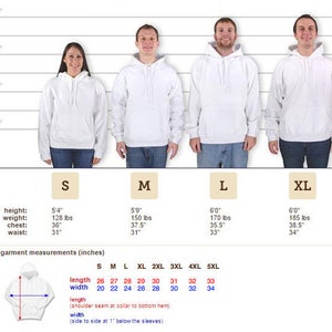 May include: A product image shows four people wearing white hooded sweatshirts. The image includes size charts and garment measurements in inches. The sizes range from S to XL, with measurements for length and width.