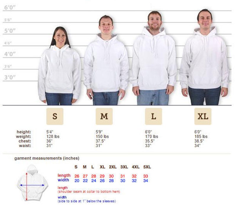 May include: A product image shows four people wearing white hooded sweatshirts. The image includes size charts and garment measurements in inches. The sizes range from S to XL, with measurements for length and width.