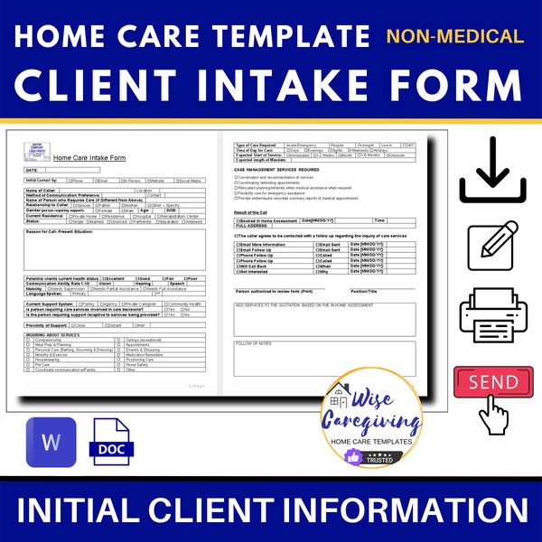 Home Care Intake Form, Non Medical Initial Assessment, Admission Form, Care Requirements, Onboard New Clients, Editable, Printable