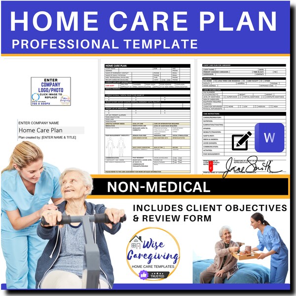 Home Care Plan Template, Client Profile, Personal Care Agency, Non Medical, Compliance Form, Insurance Document, Editable, Insert LOGO